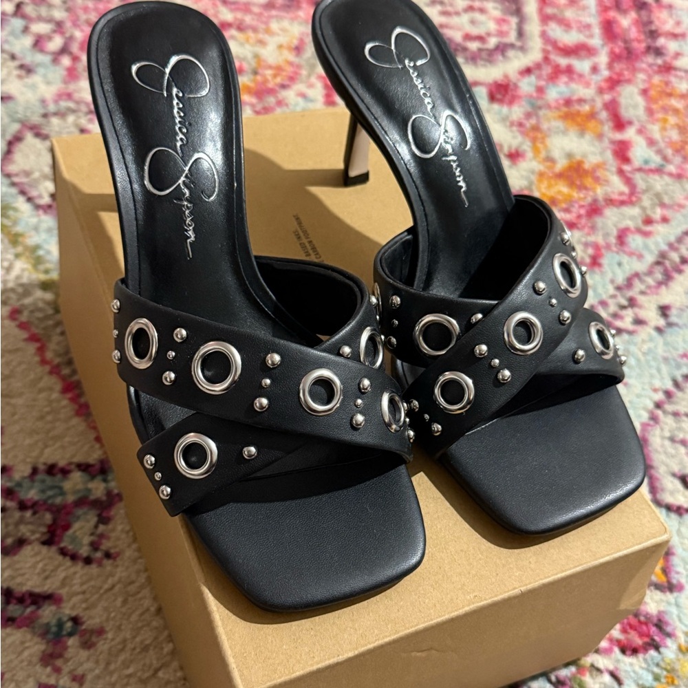 Jessica Simpson Black Leather Grommet Heels